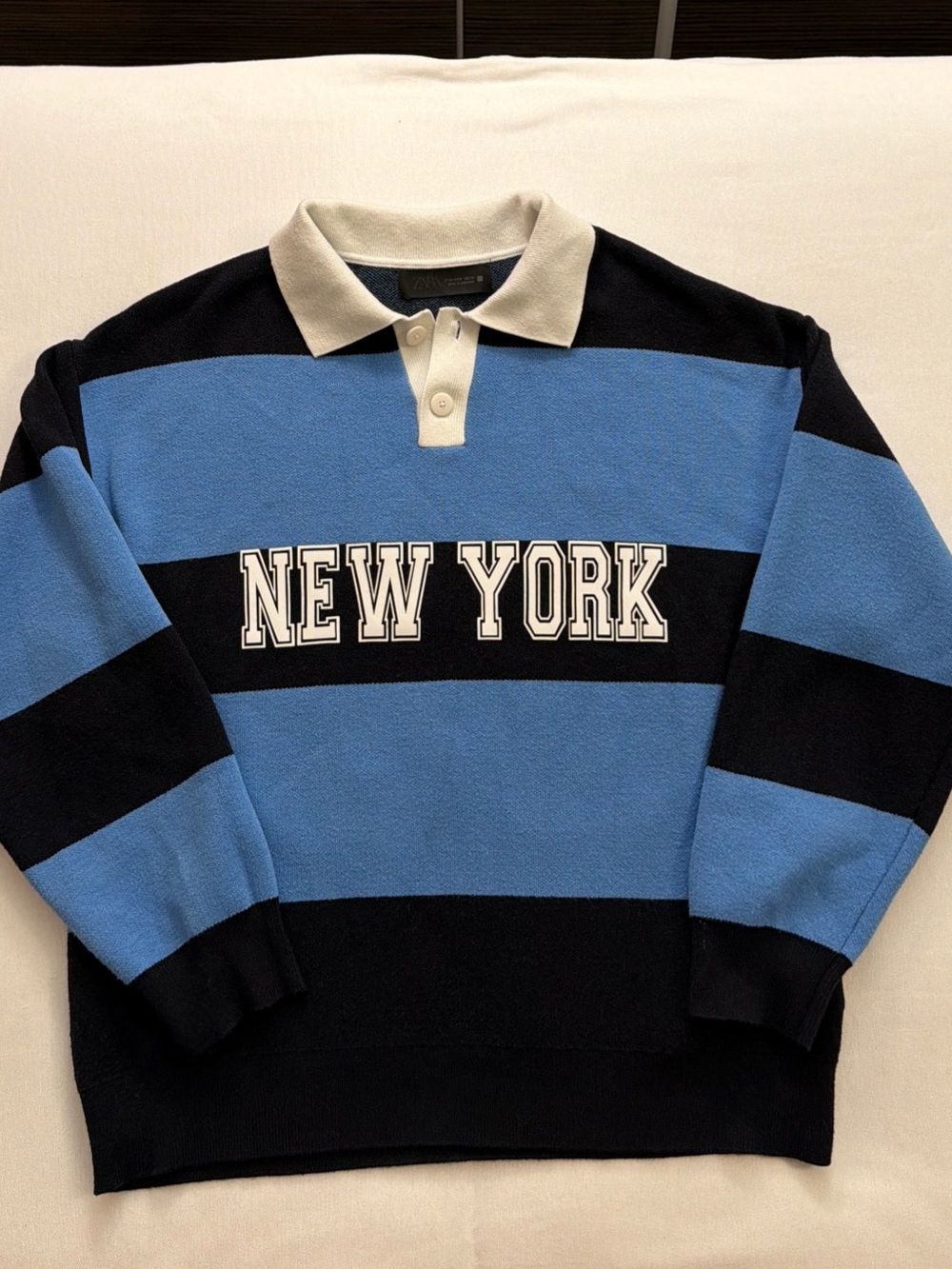Zara Blue & Black Striped V-Neck Rugby Sweater